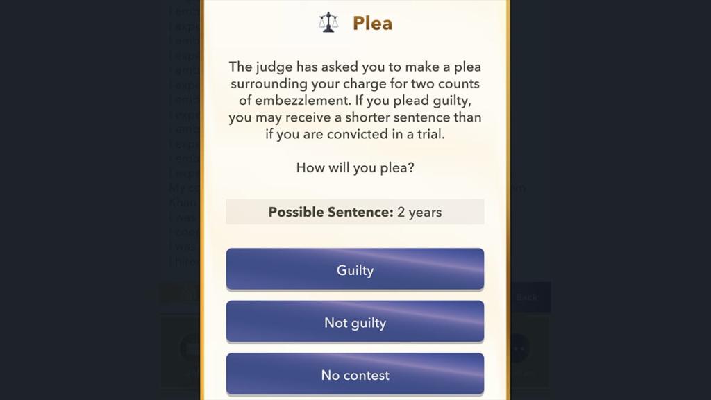 Opção BitLife para apelar culpado ou não culpado