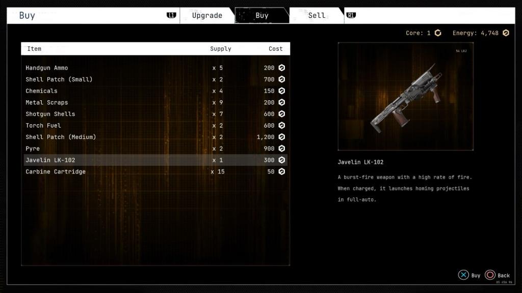 O menu de compra de prédio devastado pela anomalia na máquina de atualização na sala segura para comprar o dardo