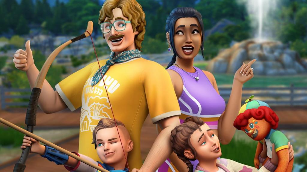 Um diretor de acampamento, Kid, que está segurando um arco, criança com um amigo imaginário laranja e uma mulher em equipamento de exercício em pé juntos no Sims 4