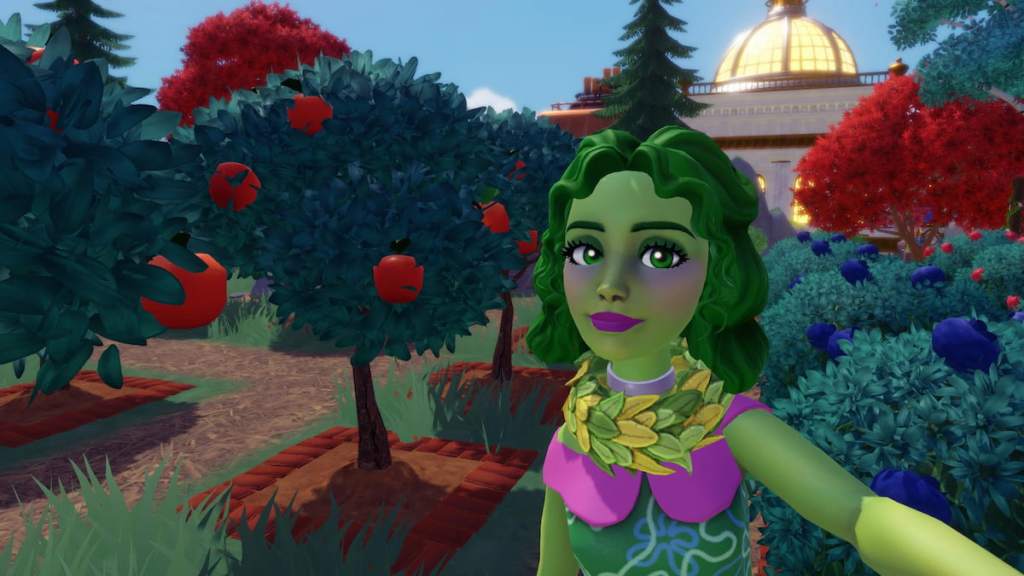 Um jogador vestido como nojo de dentro para fora tirando uma foto com uma macieira em um pomar de frutas no Disney Dreamlight Valley