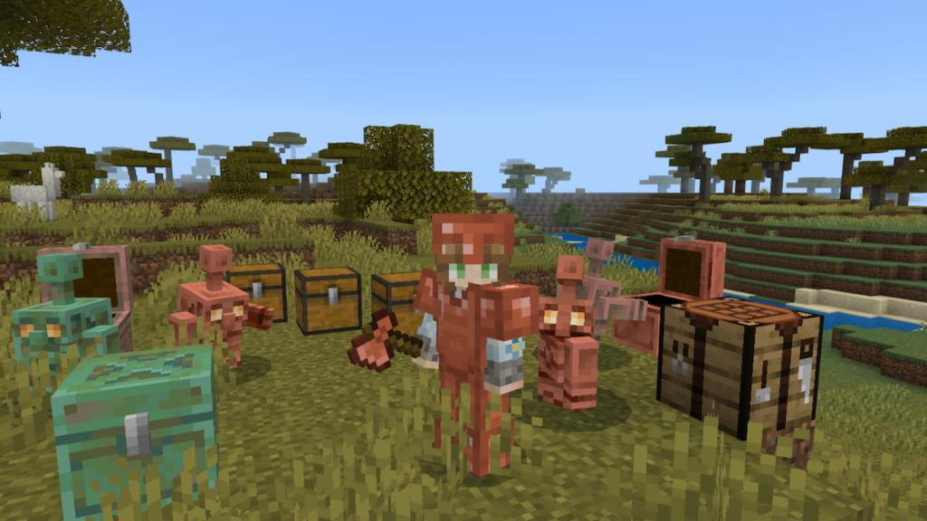 Um jogador em toda a armadura de cobre segurando um machado de cobre do lado de fora cercado por golems de cobre e baús no Minecraft