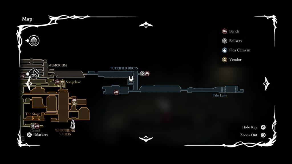 A localização do mapa dos ductos putrefied em Hollow Knight Silksong.