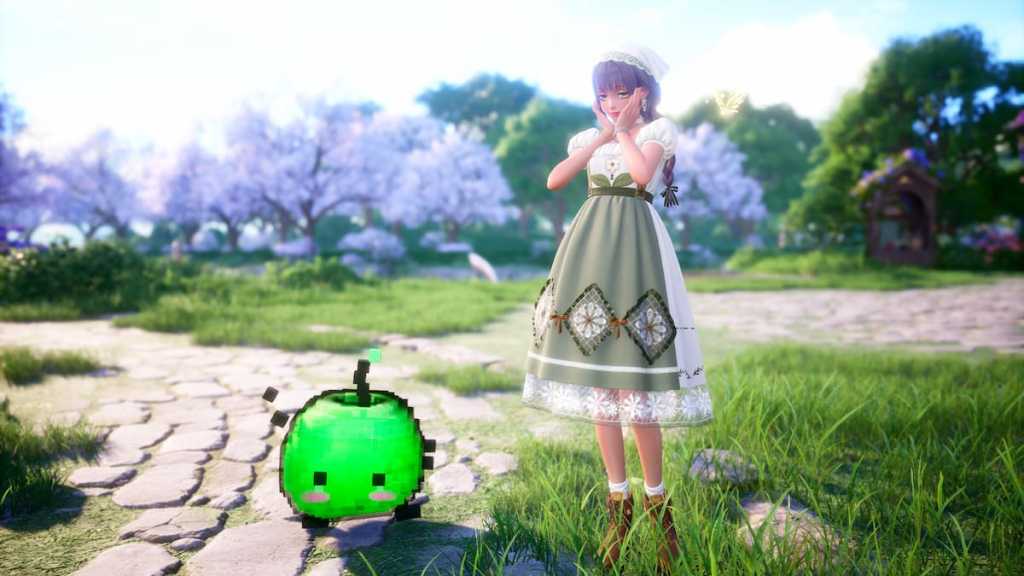 Nikki parado ao lado de um Junimo verde dançante no Infinity Nikki