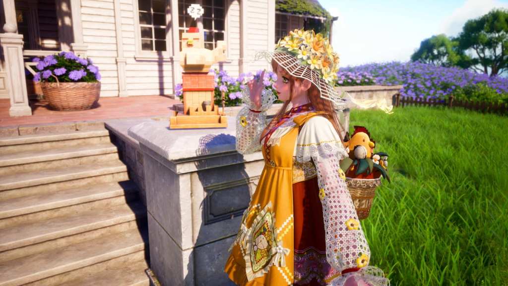 Nikki vestindo uma roupa amarela, branca e vermelha Stardew Valley de pé ao lado de um relógio de galinha no infinito nikki