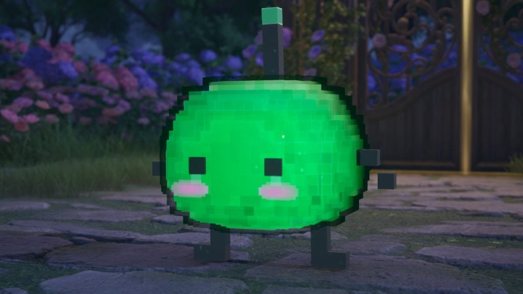 Um junimo verde do lado de fora no infinito nikki