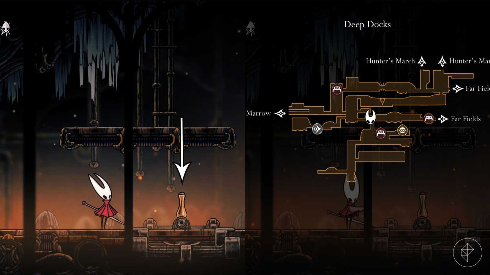 Hornet parado ao lado de um interruptor que leva ao banco das docas profundas em Hollow Knight: Silksong.