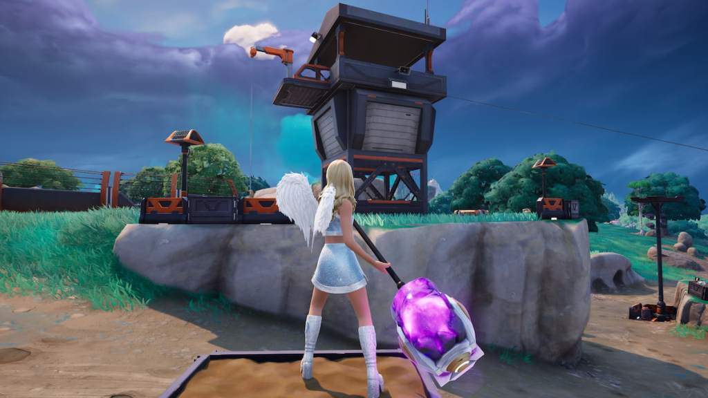 Sabrina Carpenter olhando para a Torre Base Oxr em Fortnite
