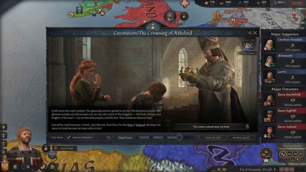 Uma cerimônia de coroação sendo realizada em uma igreja com o bispo colocando uma coroa na cabeça do rei em Crusader Kings 3.