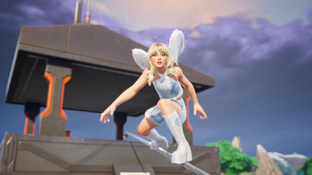 Sabrina Carpenter montando uma tirolesa em Fortnite