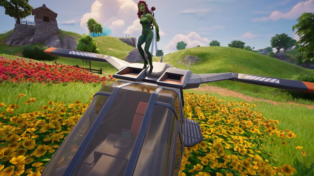 Poison Ivy em pé em um hammerhead Choppa em Fortnite