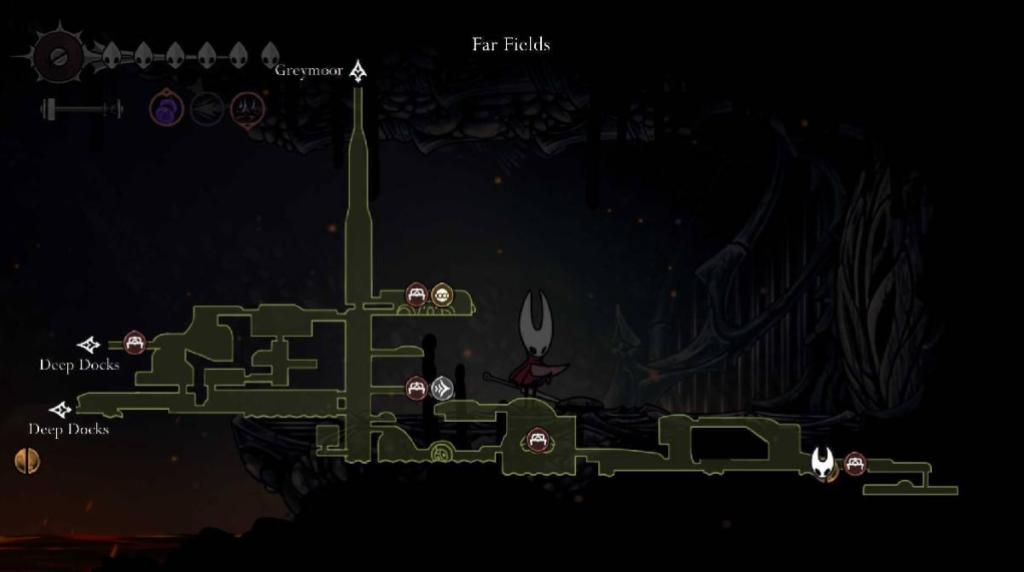 Hollow Knight: Silksong - Um menu mostra a área oculta dos campos distantes