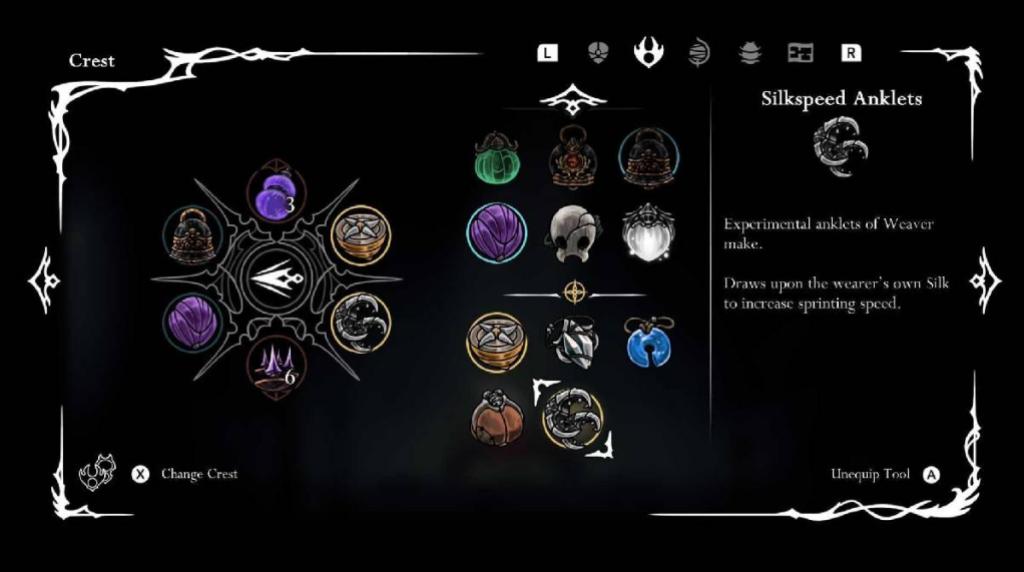 Cavaleiro Hollow: Silksong - Um menu mostra a ferramenta chamada Silkspeed Tornozeleiras