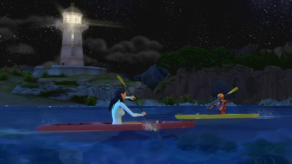 Dois Sims Kayaking em frente a um farol no The Sims 4