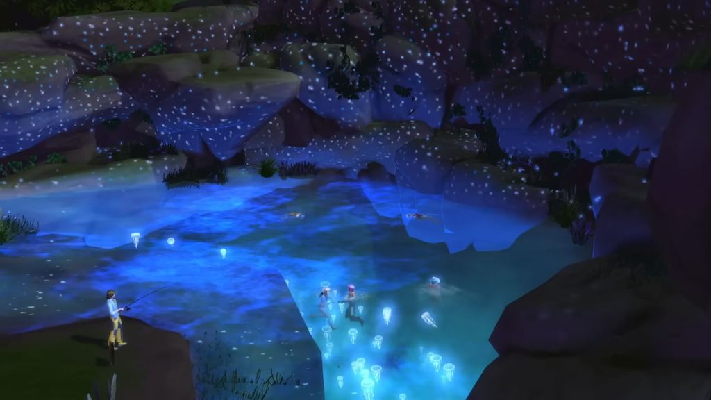 Sims nadando em uma caverna com água -viva brilhante no Sims 4