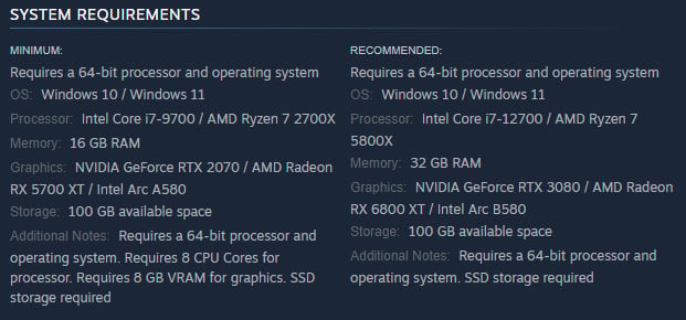 Especificações recomendadas pelo Steam BL4