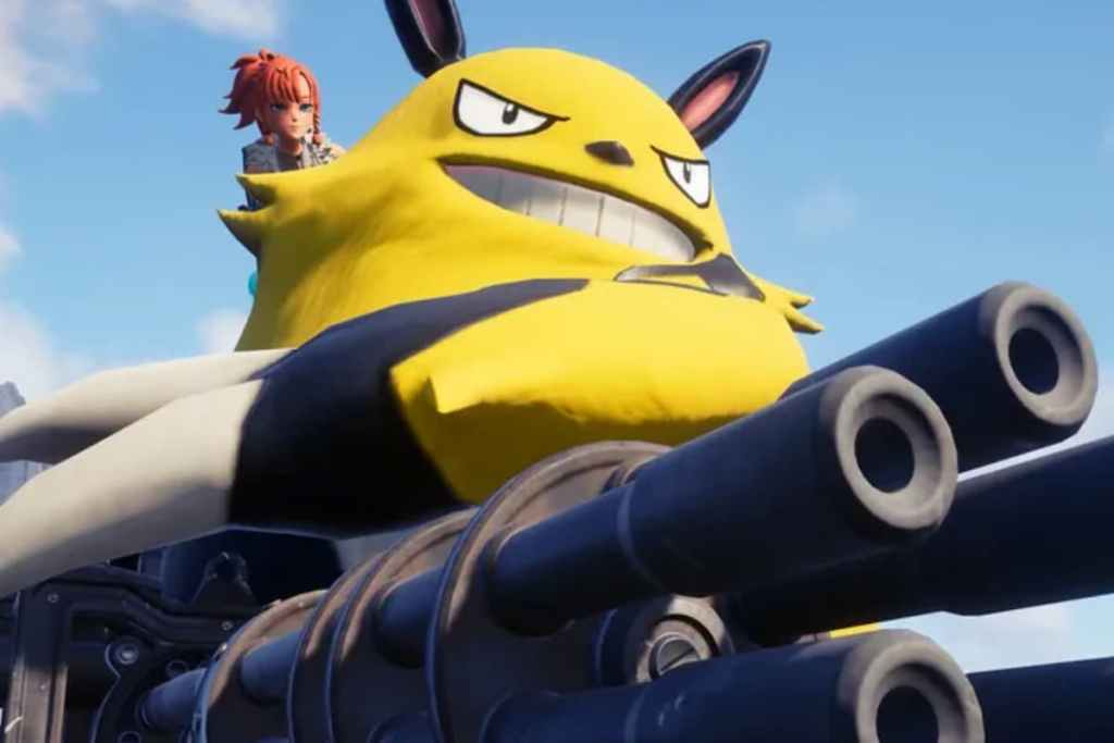 Uma criatura enorme com uma minigun e uma garota no ombro no Palworld.