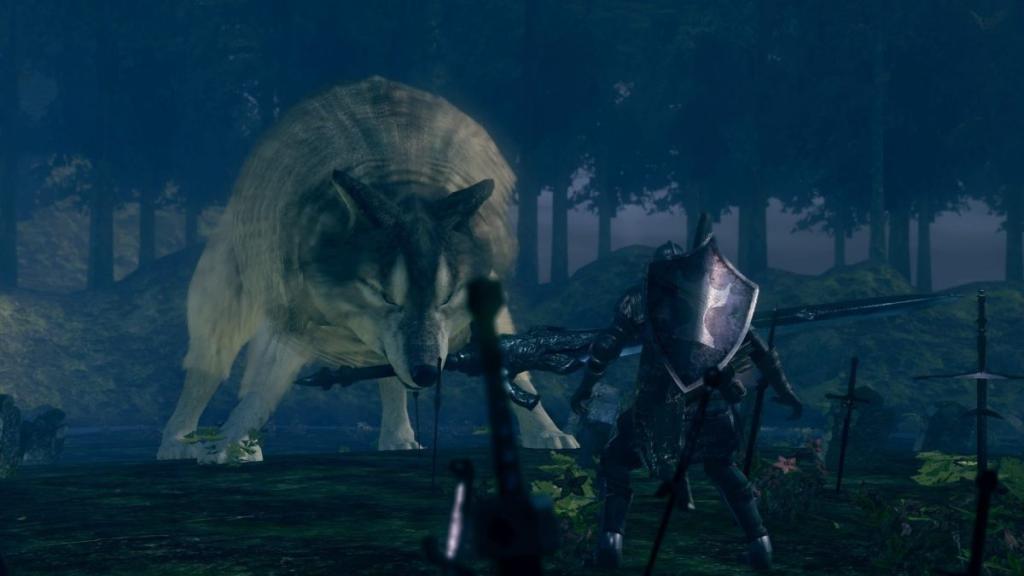Um cavaleiro de frente para um lobo gigante em Dark Souls 1.