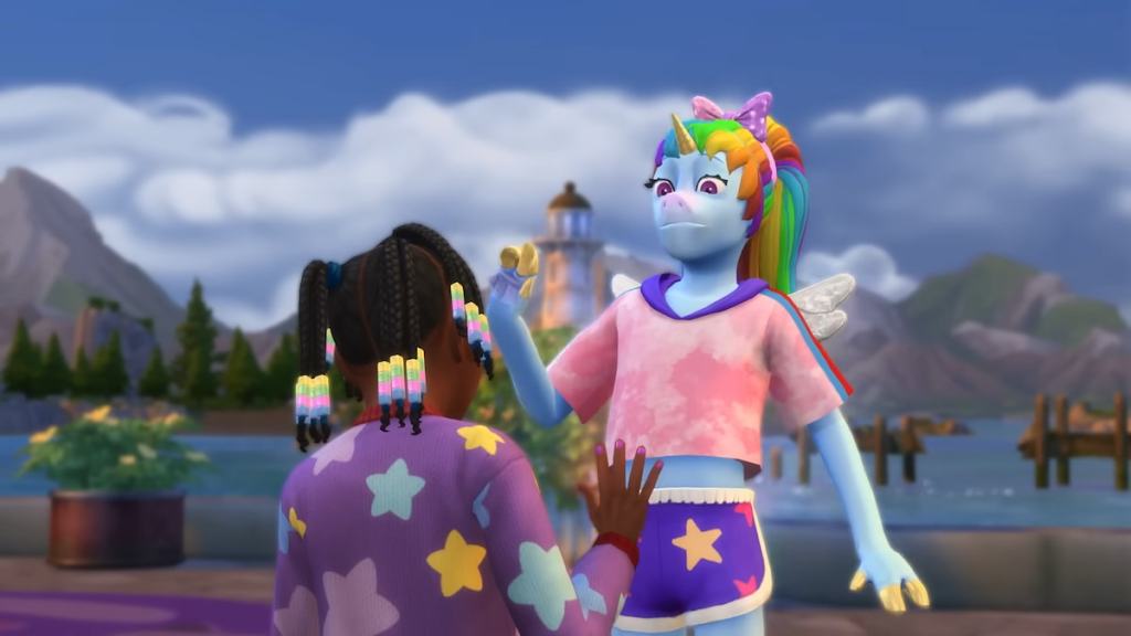 Um lindo amigo imaginário de Pegacorn flutuando no ar e acenando adeus a um sim filho no Sims 4