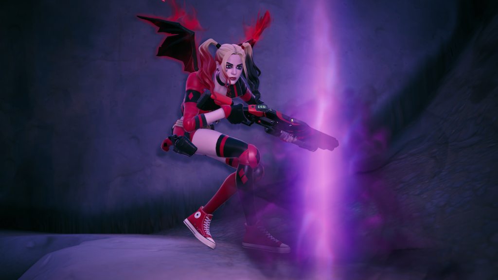 Harley Quinn ajoelhado por um ponto roxo brilhante que tinha um ovo contaminado no Fortnite