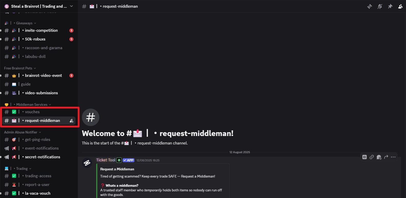 Visualização de um dos servidores da Community Lead Trading Discord para roubar uma experiência do Brainrot Roblox.