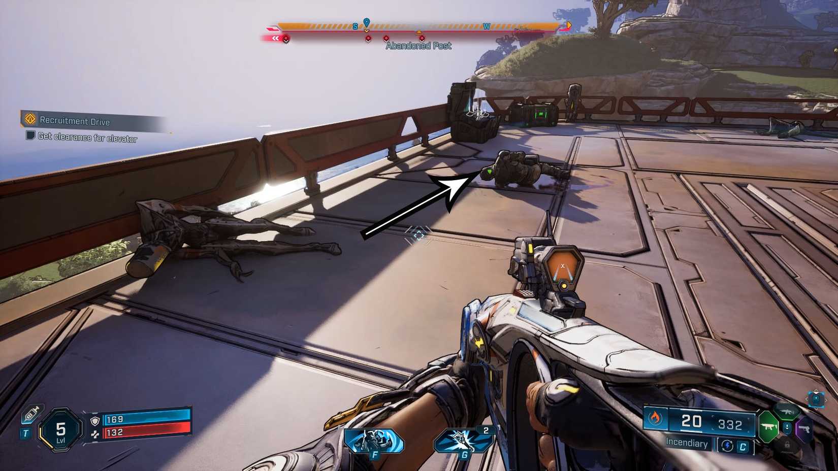 Uma captura de tela de Borderlands 4 mostrando onde você pode localizar o parafuso que lhe dá folga para chamar o elevador durante o "Unidade de recrutamento" Quest em Borderlands 4 