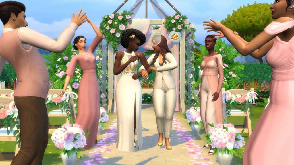 Dois Sims se casando no meu pacote de jogos de histórias de casamento no Sims 4