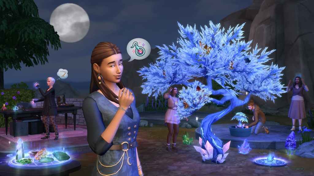 Sims do lado de fora à noite colhendo uma árvore de cristal e carregando cristais em uma almofada brilhante no Sims 4