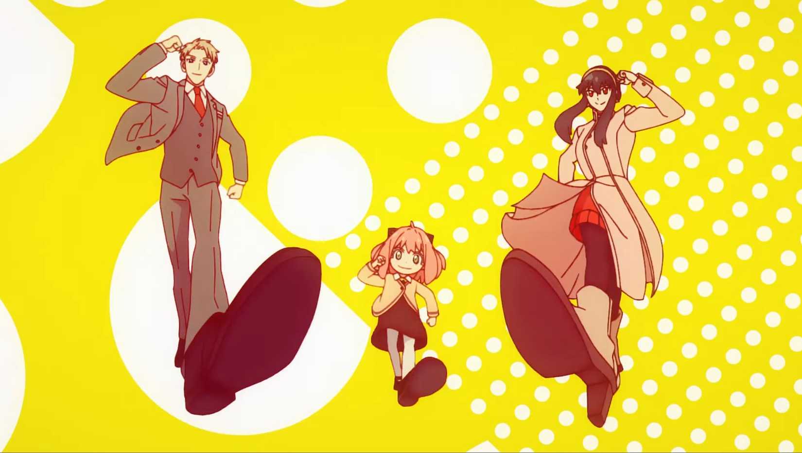 (LR) Loid, Anya e Yor Marching marcha lado a lado na frente de um fundo de bolinhas amarelas e brancas na segunda temporada de Spy X Family.