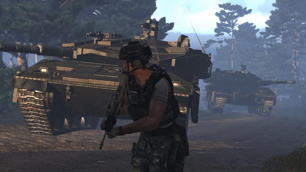 Soldados correndo em frente a um tanque de batalha principal em Arma 3.