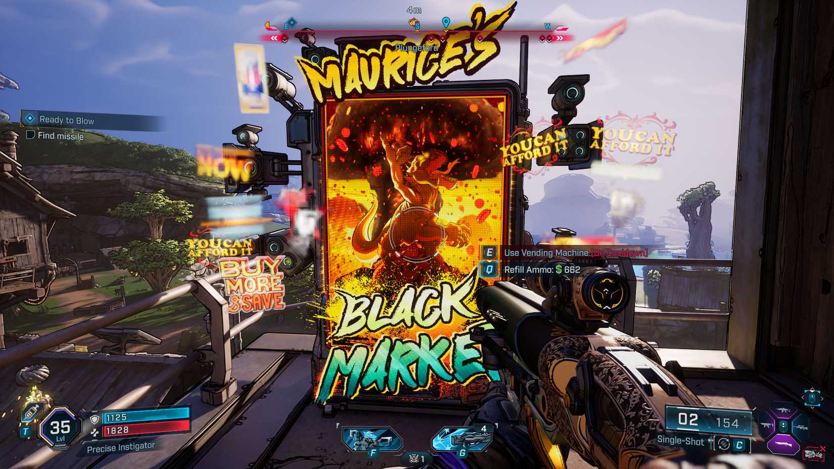 Uma captura de tela Borderlands 4 mostrando a máquina de venda automática de mercado negro de Maurice em recarga