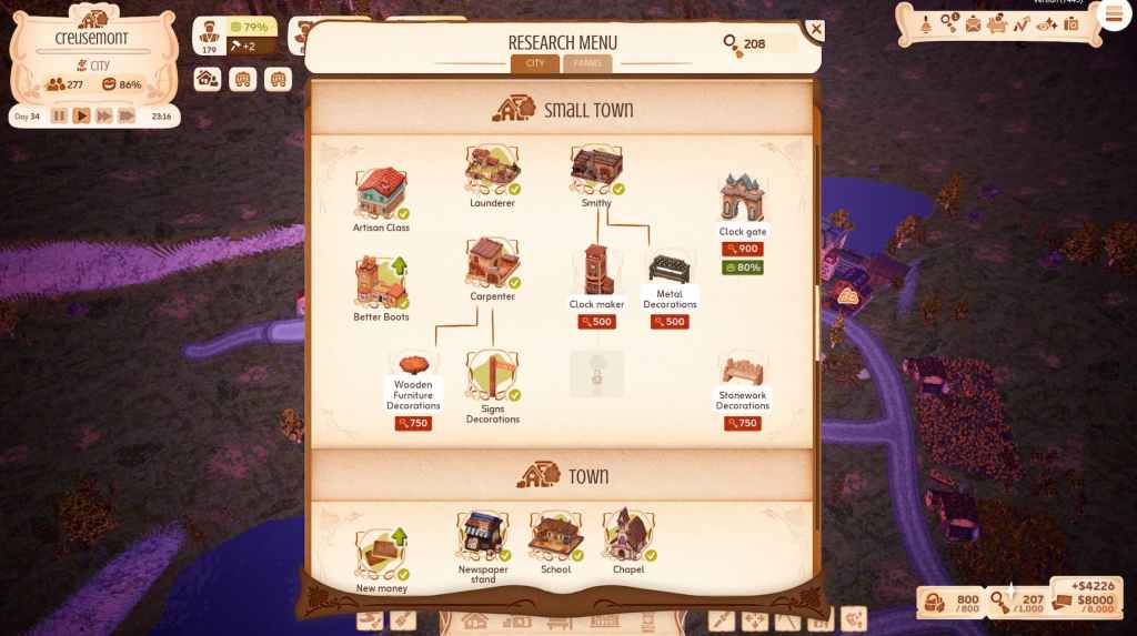 Esta captura de tela mostra o menu de pesquisa de cidade em cidade. Várias opções, como um prédio de carpinteiros ou a classe artesanal, já foram desbloqueadas.