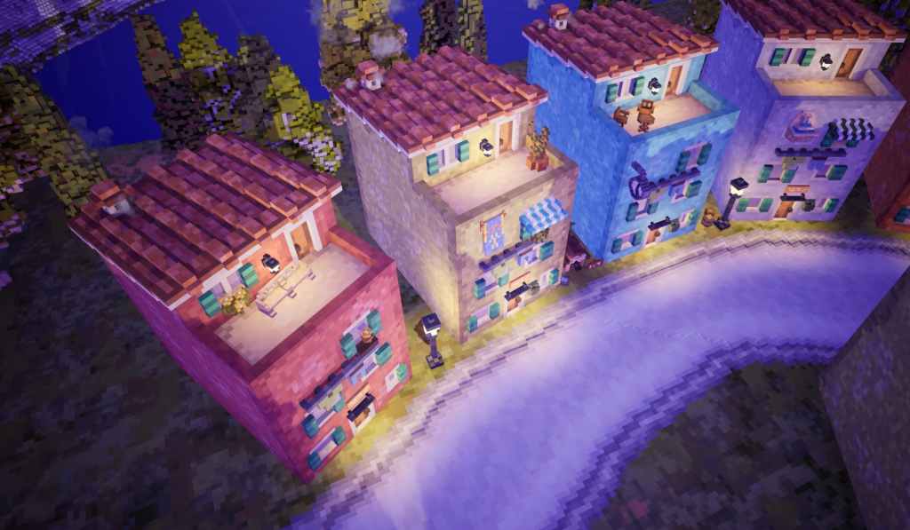 Quatro casas de cores diferentes ficam contra uma estrada curva. A casa mais esquerda mais longe, vermelha, tem um banco no pátio superior que é levemente torto