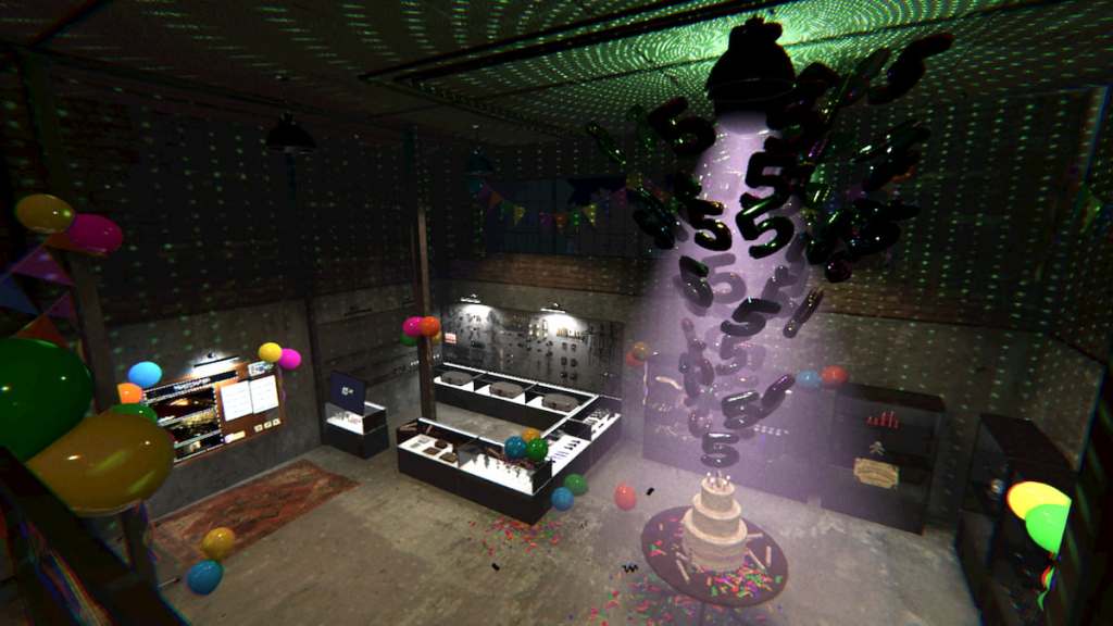 Olhando para o lobby do aniversário com balões, bolo e confetes em fasmofobia