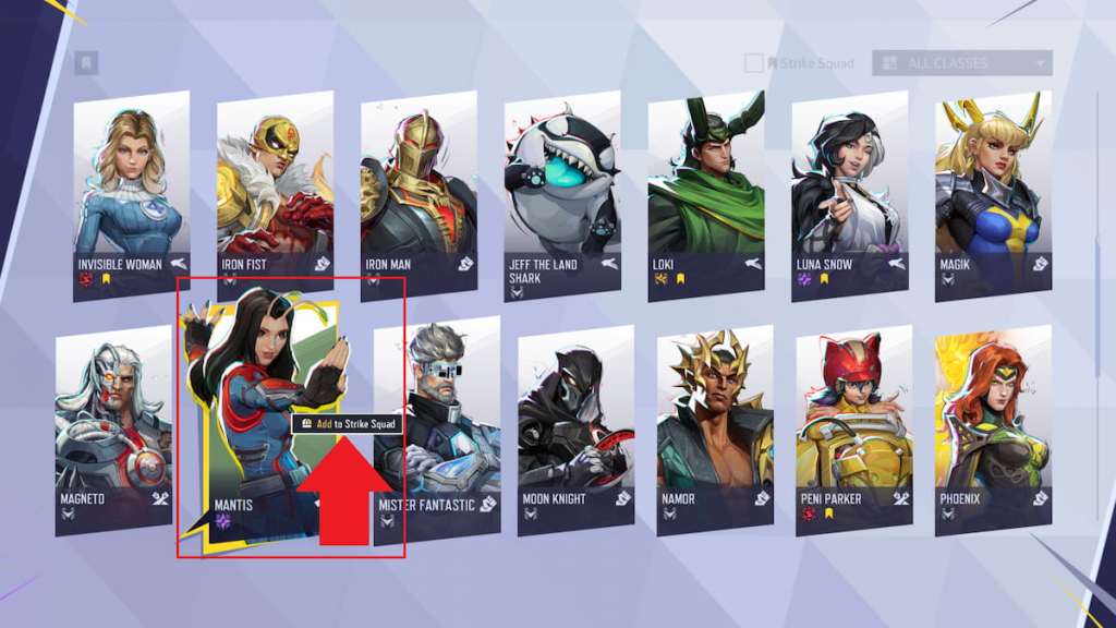 A opção ADD TO STRACH SQUAD marcada no Mantis em Rivals da Marvel