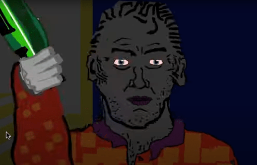 Um aterrorizante desenho animado com um rosto cinza está tentando bater em você com uma garrafa de cabeça para baixo
