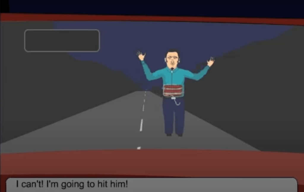 Um homem com postura terrível e más escolhas de vida está no meio de uma estrada com um monte de dinamite amarrada à cintura, tentando fazer com que um carro pare