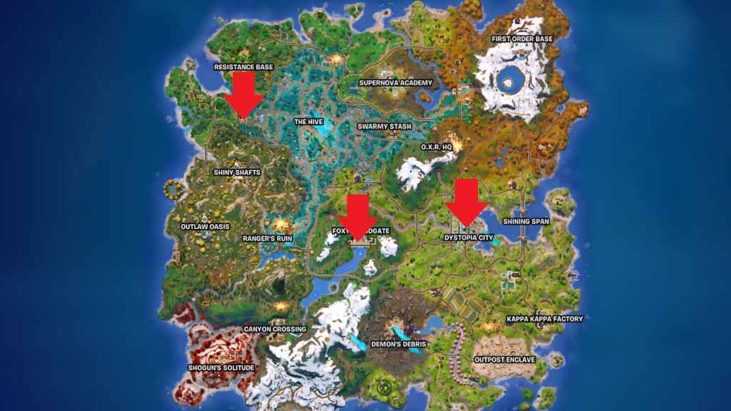Hunter Shadow Briefing Locais marcados no mapa da ilha em Fortnite