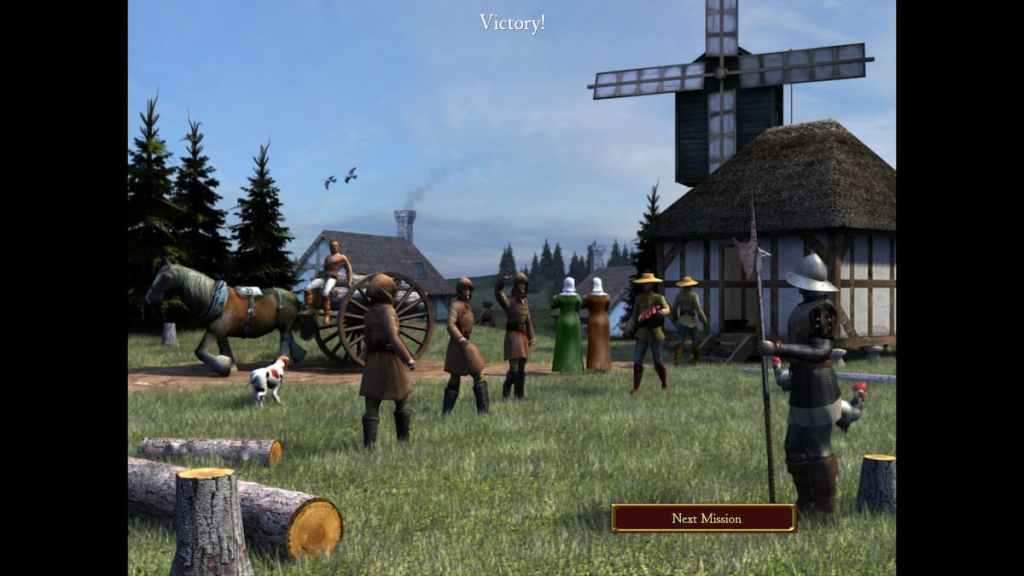 Uma tela de vitória em Stronghold 2 mostrando camponeses, soldados e outros caminhando por uma vila.