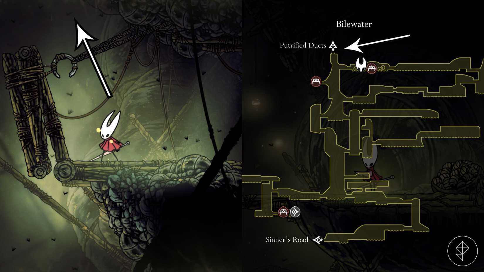 O caminho para os ductos putrificados de Bilewater em Hollow Knight: Silksong.