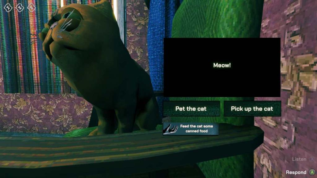 Opções de interação do menu do gato: Pet o gato, pegue o gato ou alimente o gato