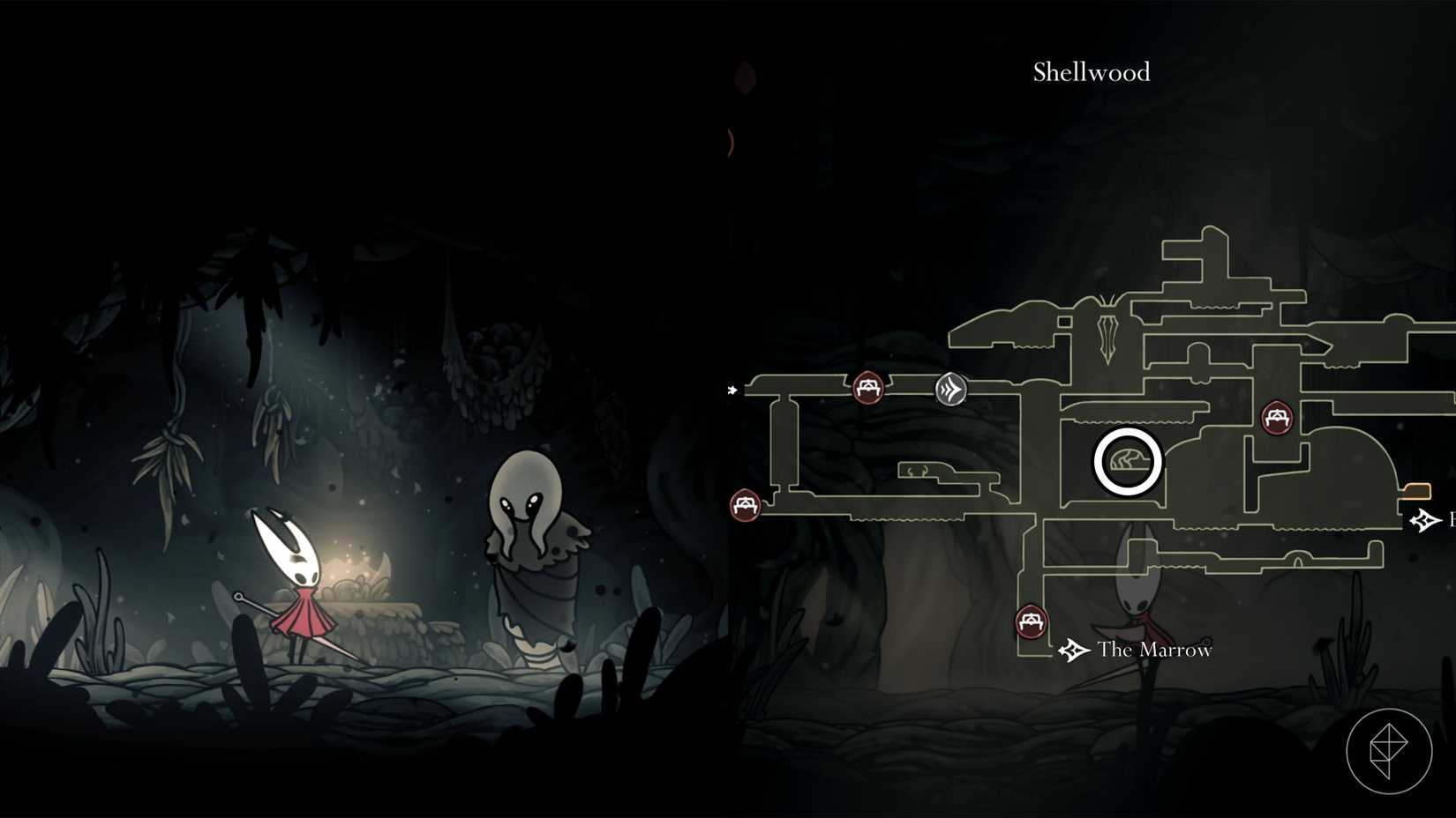 Hornet conversando com Greyroot em Shellwood em Hollow Knight: Silksong.