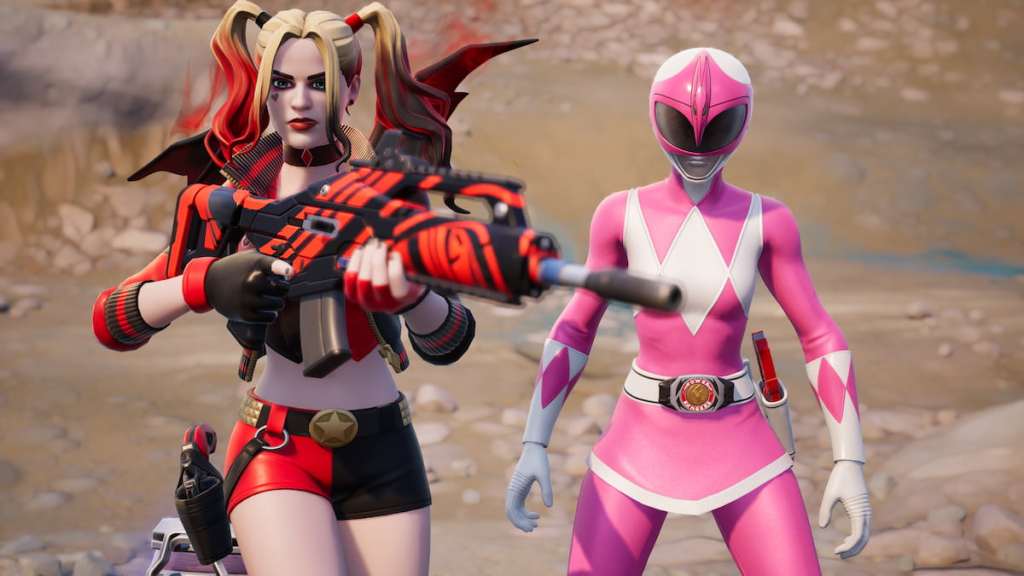 Harley Quinn parado ao lado do ranger rosa em Fortnite