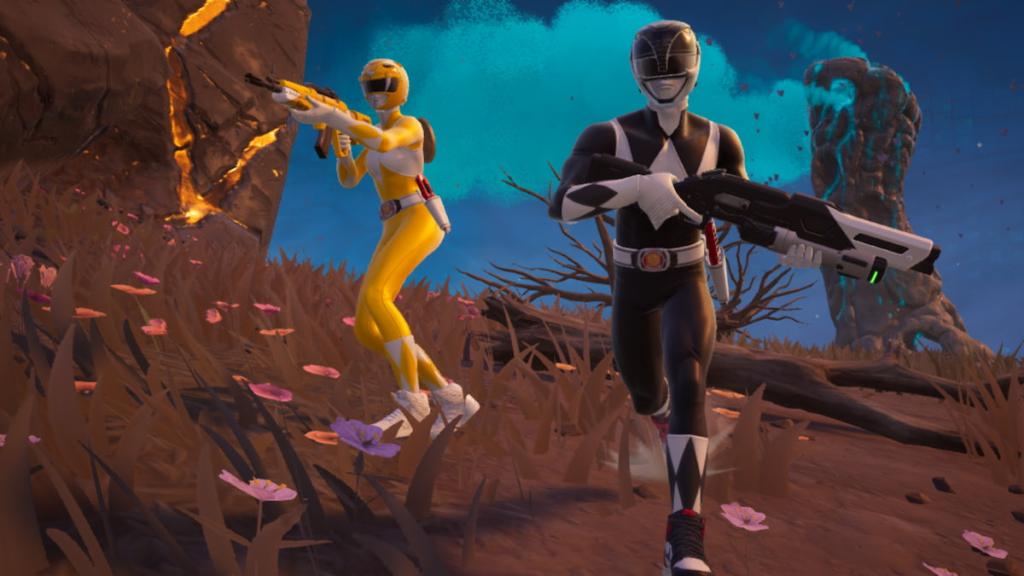 Um Power Ranger amarelo e preto correndo juntos em Fortnite