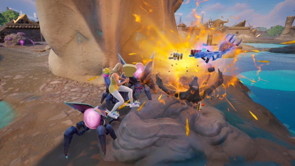 Itens caindo de um esconderijo laranja em Fortnite