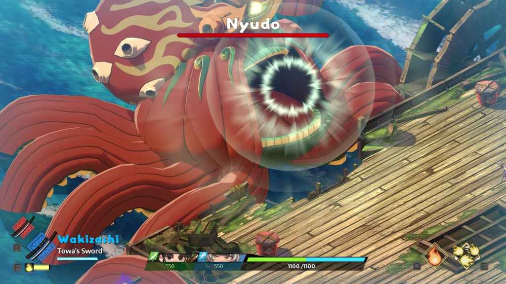 Um chefe do tipo Kraken em Towa com dois personagens lutando contra isso em um navio.