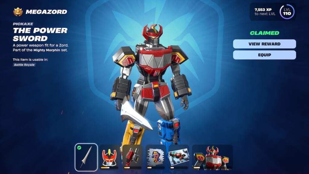 Página um megazord recompensa com megazord segurando uma espada em Fortnite