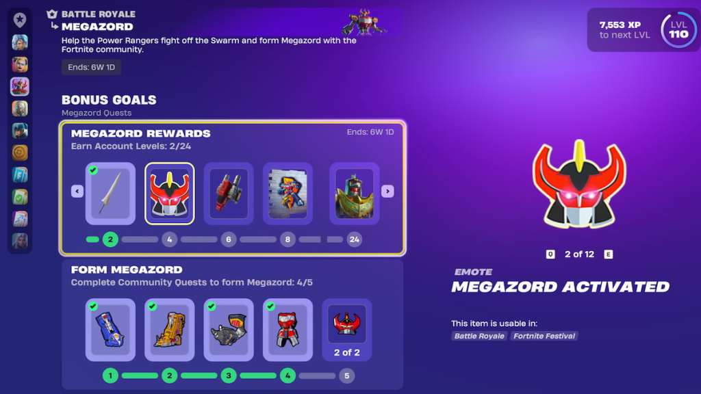 A página de missão megazord com recompensas exibidas em Fortnite
