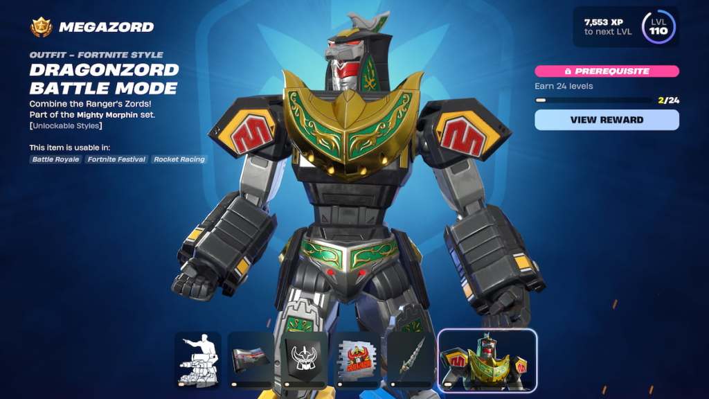 Página de megazord recompensas com Dragonzord em Fortnite