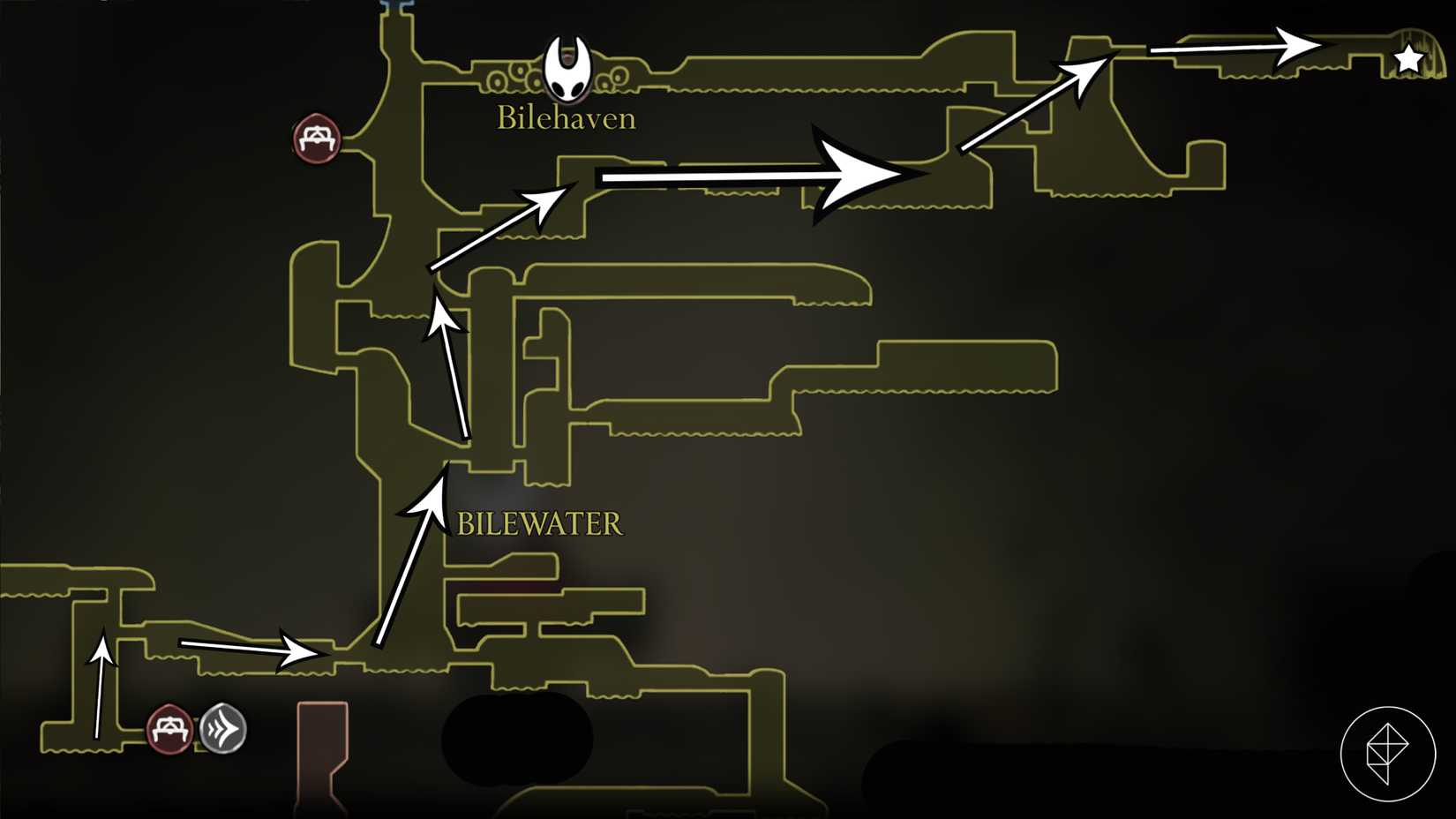 O caminho para a localização de Shakra na missão final da trilha em Hollow Knight: Silksong.