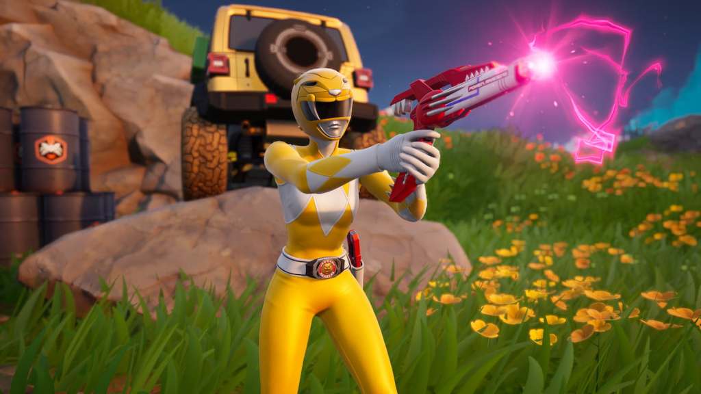 Ranger amarelo atirando em um blaster de lâmina mítica vermelha em frente a um jipe amarelo em Fortnite